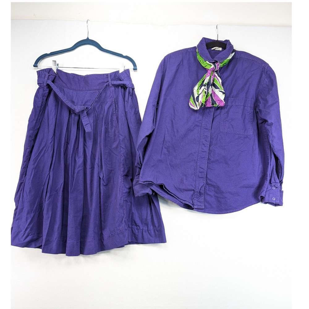 Vintage Change Plus Purple Cotton 2 Piece Skirt and Shirt Set with Scarf Medium